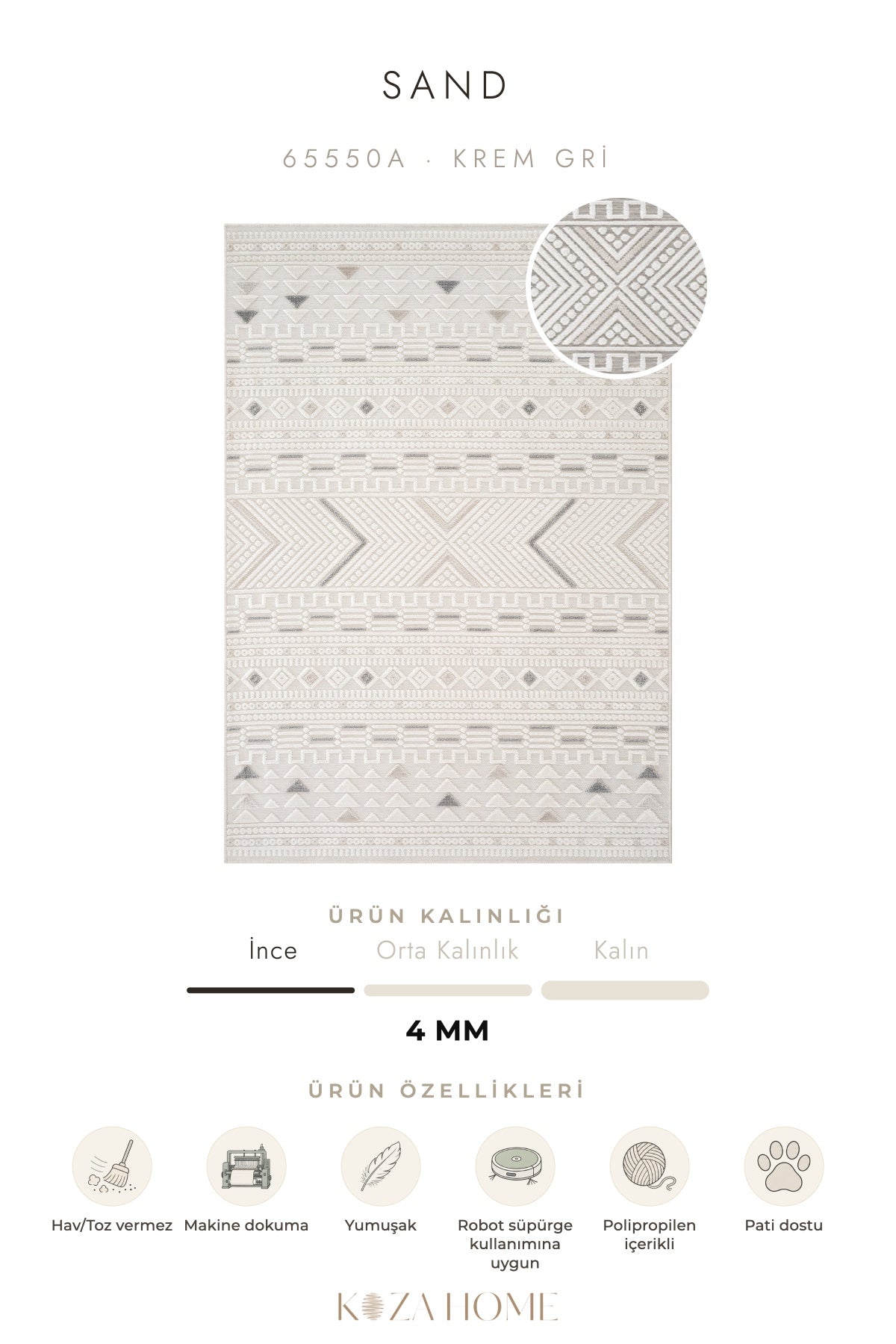 Sand Krem Gri Temizlenebilir Halı 65550A