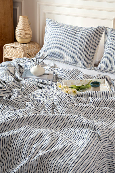 Boho Waffle-Lacivert Çift Kişilik 240 X 260 Yatak Örtüsü 50 X 70 - 2 Ad Yastık Kılıfı 7038A