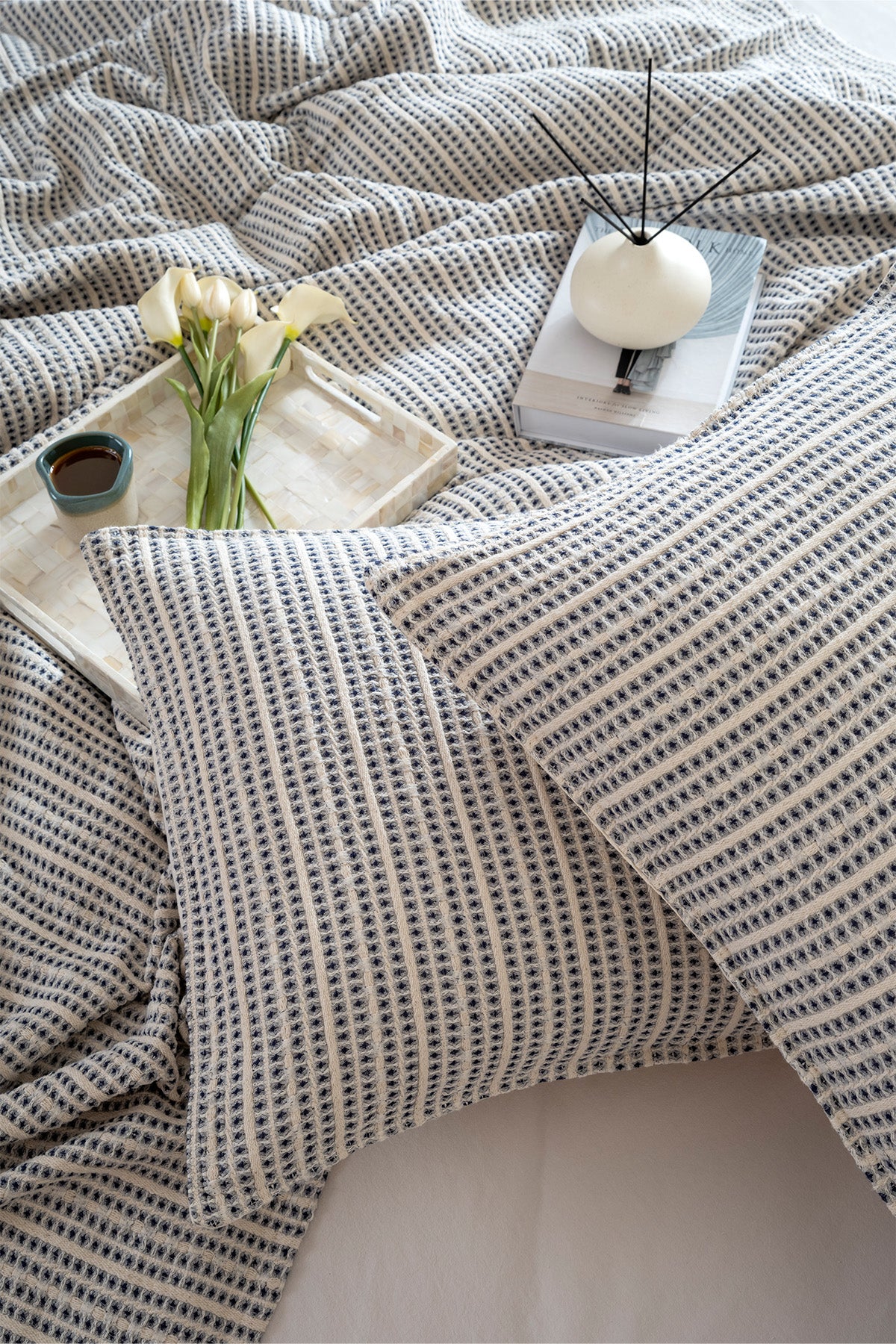 Boho Waffle-Lacivert Çift Kişilik 240 X 260 Yatak Örtüsü 50 X 70 - 2 Ad Yastık Kılıfı 7038A