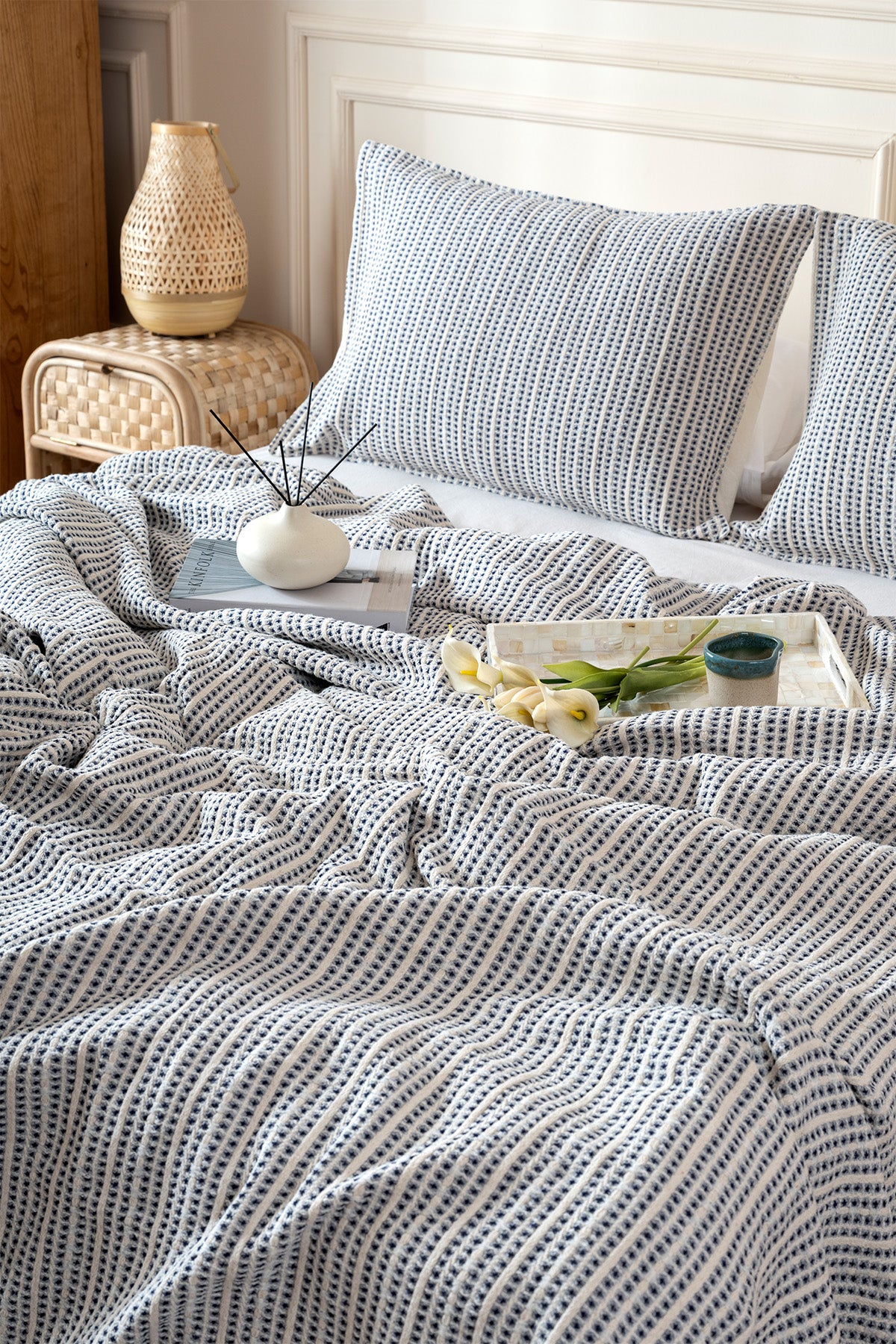 Boho Waffle-Lacivert Tek Kişilik 160 X 240Yatak Örtüsü 50 X 70 - 1 Ad Yastık Kılıfı 7039A