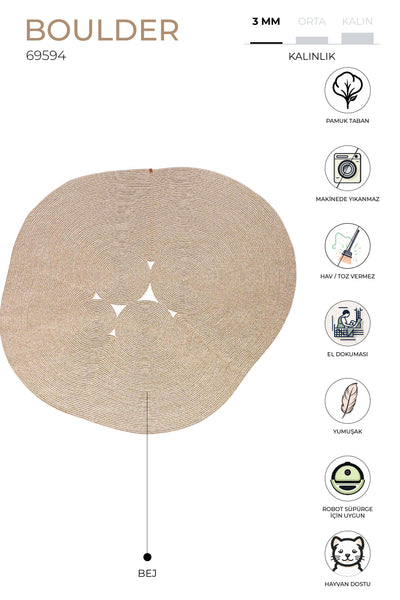 Boulder Bej Elips Yıkanabilir Halı 69594