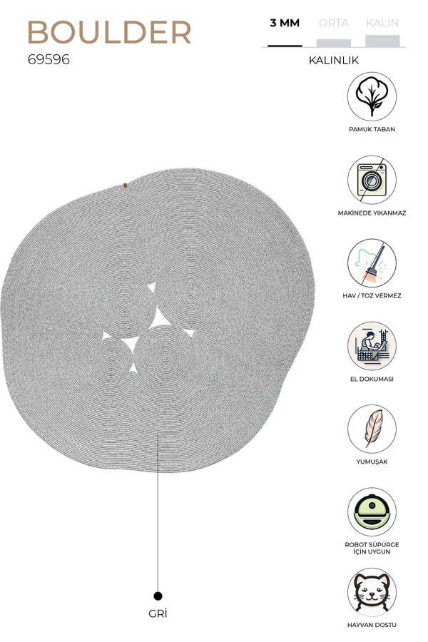 Boulder Gri Elips Yıkanabilir Halı 69596