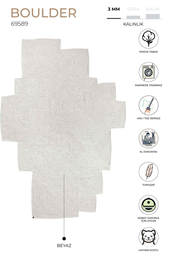 Boulder Beyaz Kare Yıkanabilir Halı 69589