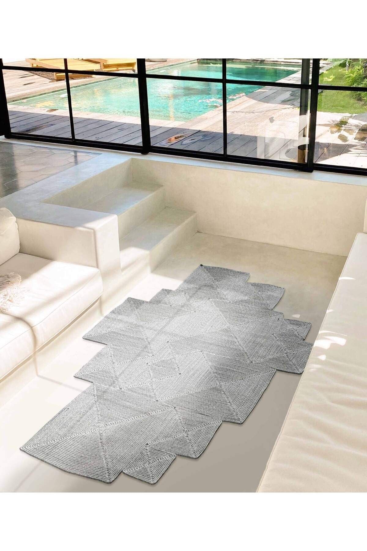 Boulder El Örmesi Kare Gri Pamuklu Yıkanabilir Halı Kilim Balkon Teras Salon Koridor Halısı Hasır Halı 69590