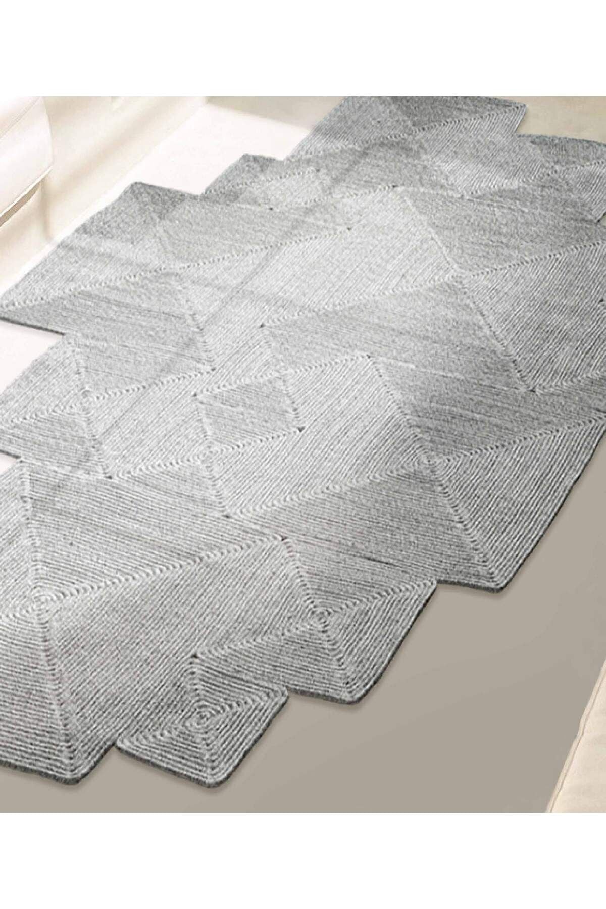 Boulder El Örmesi Kare Gri Pamuklu Yıkanabilir Halı Kilim Balkon Teras Salon Koridor Halısı Hasır Halı 69590