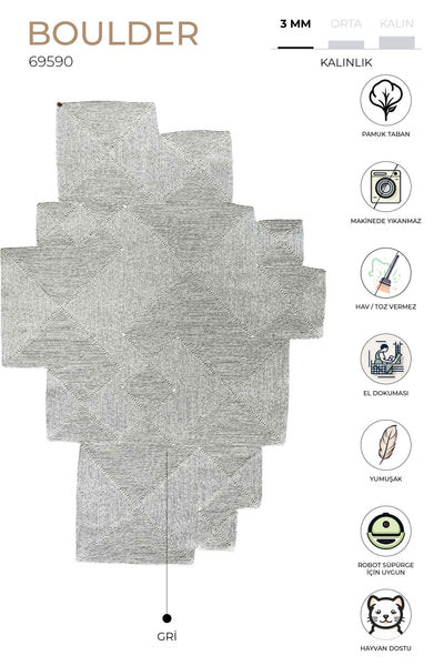 Boulder Gri Kare Yıkanabilir Halı 69590