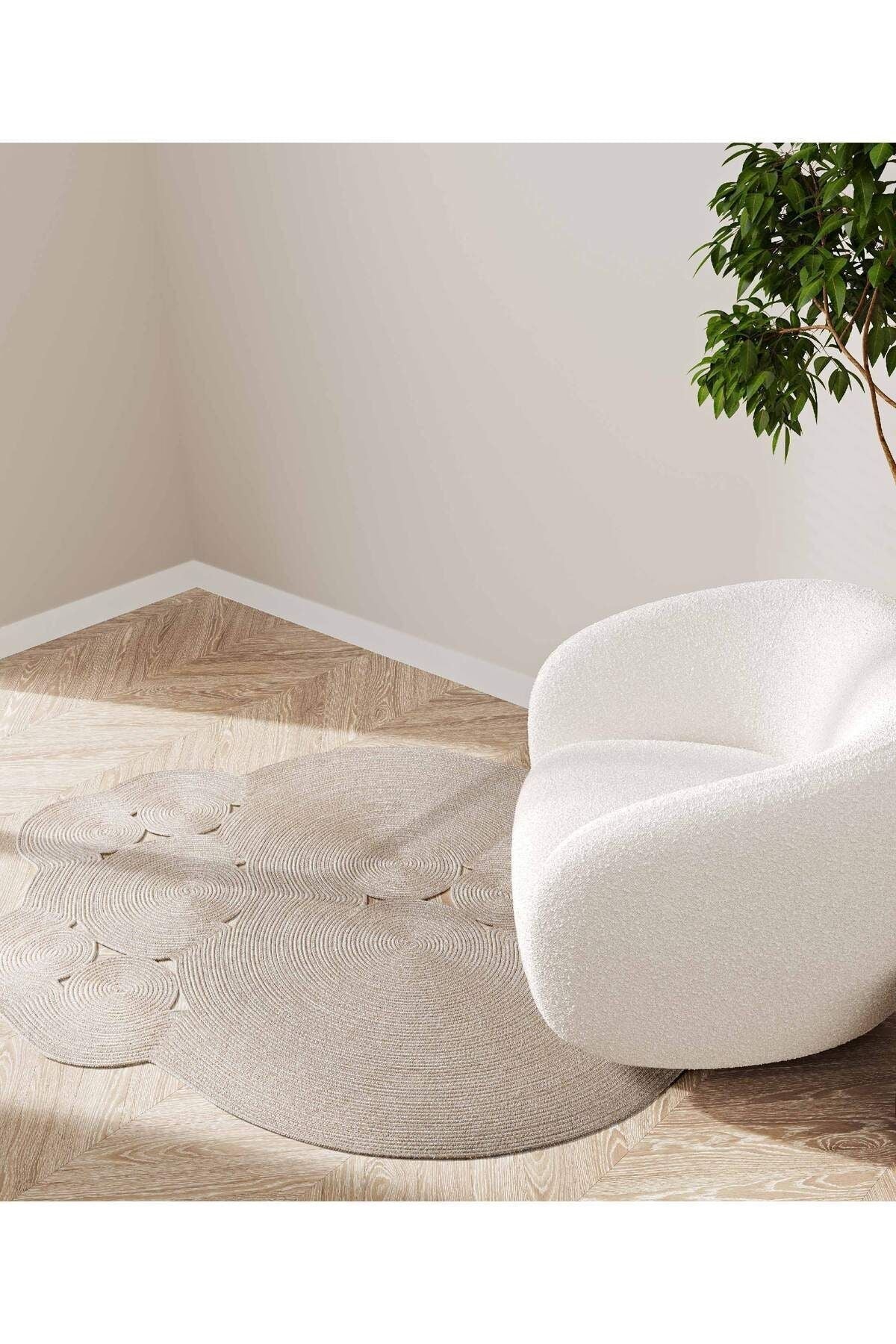 Boulder El Örmesi Yuvarlak Bej Pamuklu Yıkanabilir Halı Kilim Balkon Teras Salon Koridor Halısı Hasır Halı 69585