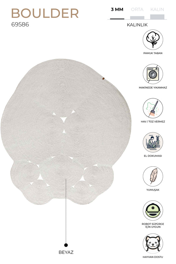 Boulder Beyaz Yuvarlak Yıkanabilir Halı 69586