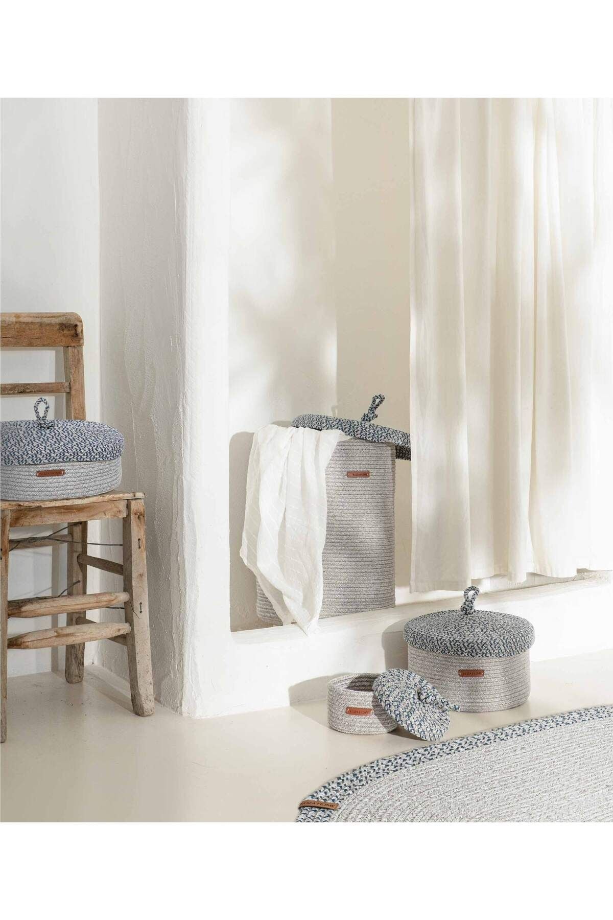 Cesta Kapaklı El Yapımı Pamuklu Gri Lacivert Hasır Dekoratif Sepet 25cmx34cm 9008