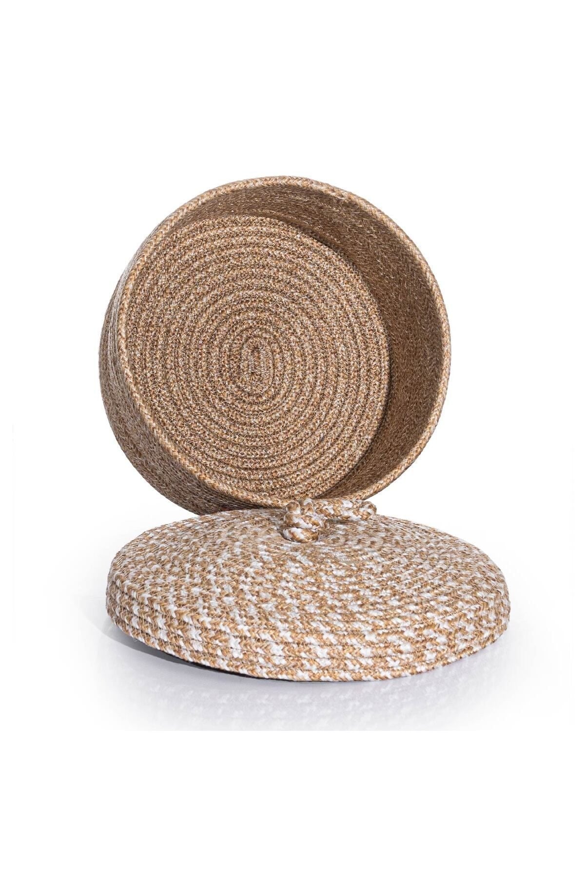 Cesta Kapaklı El Yapımı Pamuklu Natural Bej Hasır Dekoratif Sepet 25cm 9033