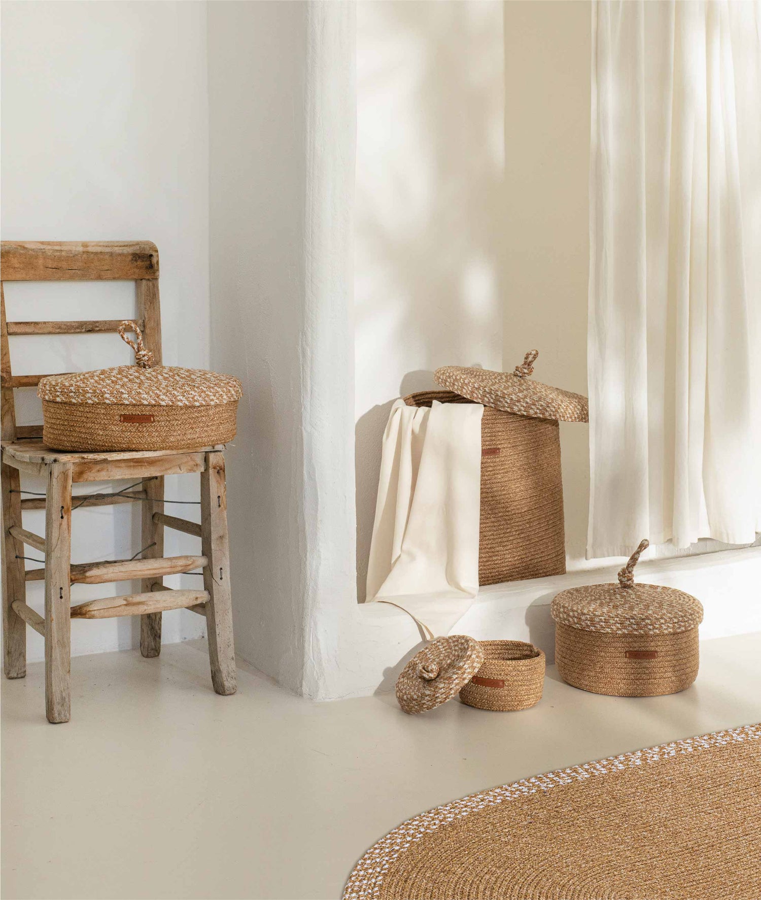 Cesta Kapaklı El Yapımı Pamuklu Natural Bej Hasır Dekoratif Sepet 25cmx34cm 9035