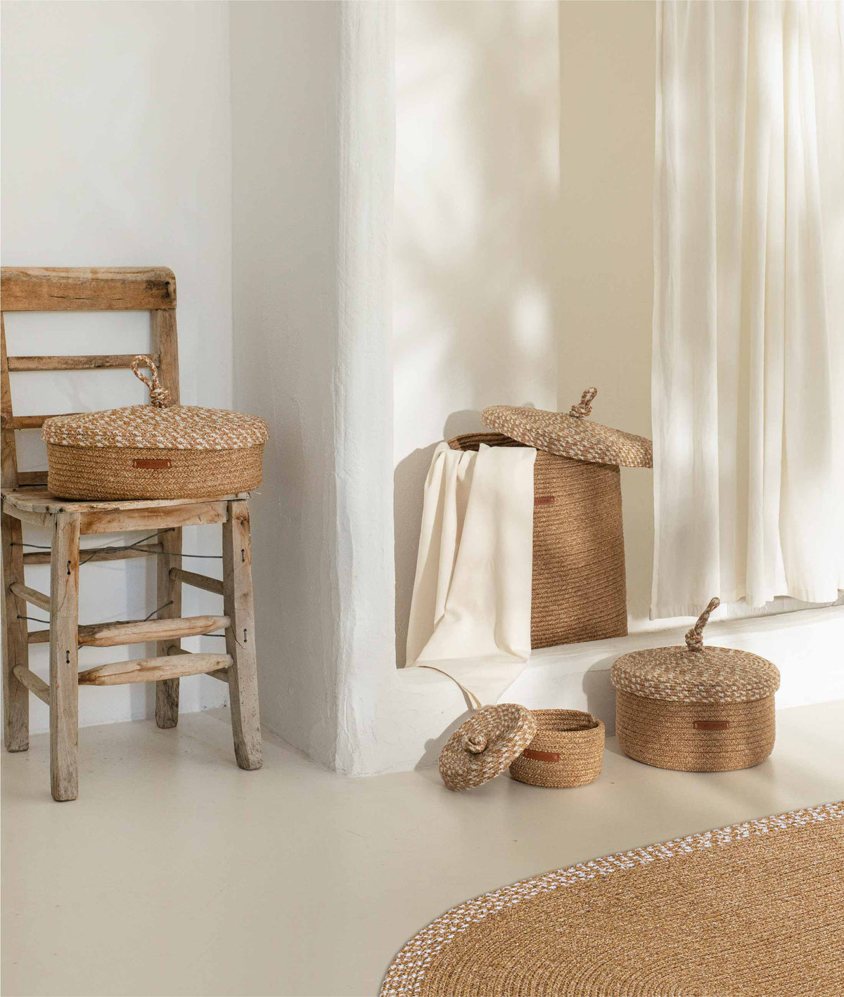 Cesta Kapaklı El Yapımı Pamuklu Natural Bej Hasır Dekoratif Sepet 36cmx45cm 9032