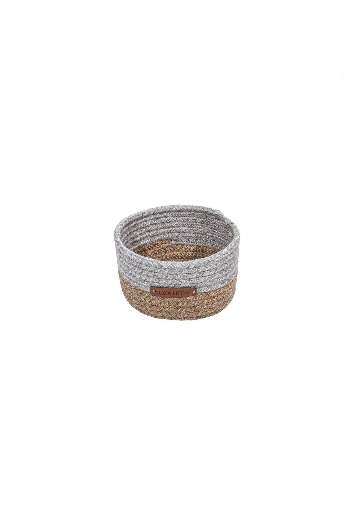 Cesta Kulplu El Yapımı Pamuklu Natural Gri Hasır Dekoratif Sepet 15cm 9018
