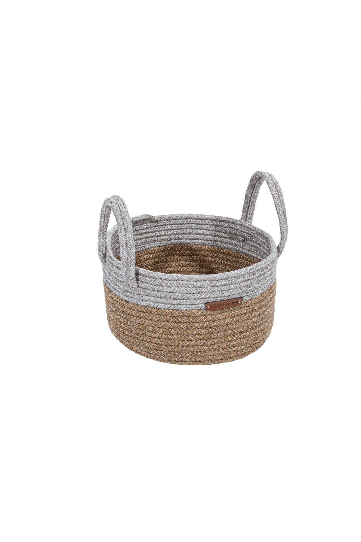 Cesta Kulplu El Yapımı Pamuklu Natural Gri Hasır Dekoratif Sepet 25cm 9017