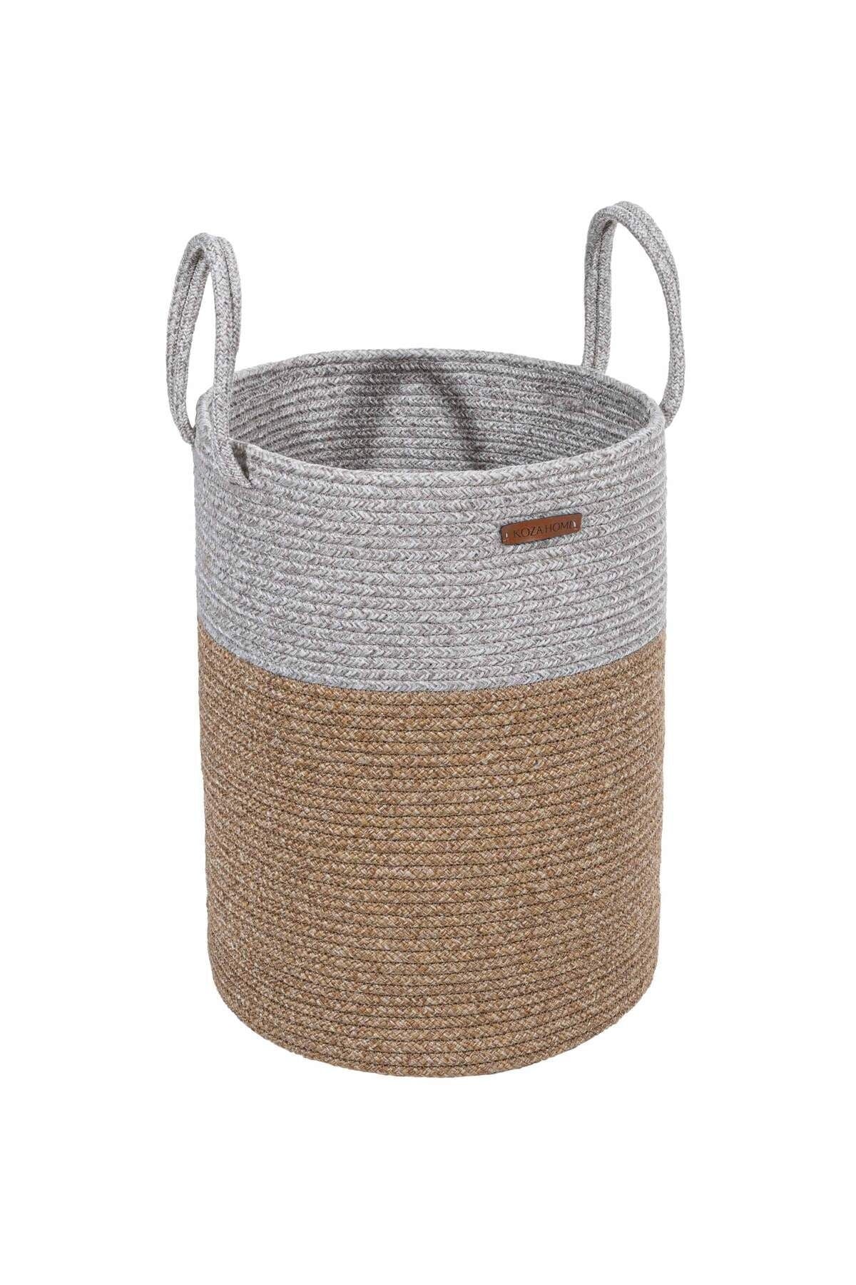 Cesta Kulplu El Yapımı Pamuklu Natural Gri Hasır Dekoratif Sepet 36cmx42cm 9016