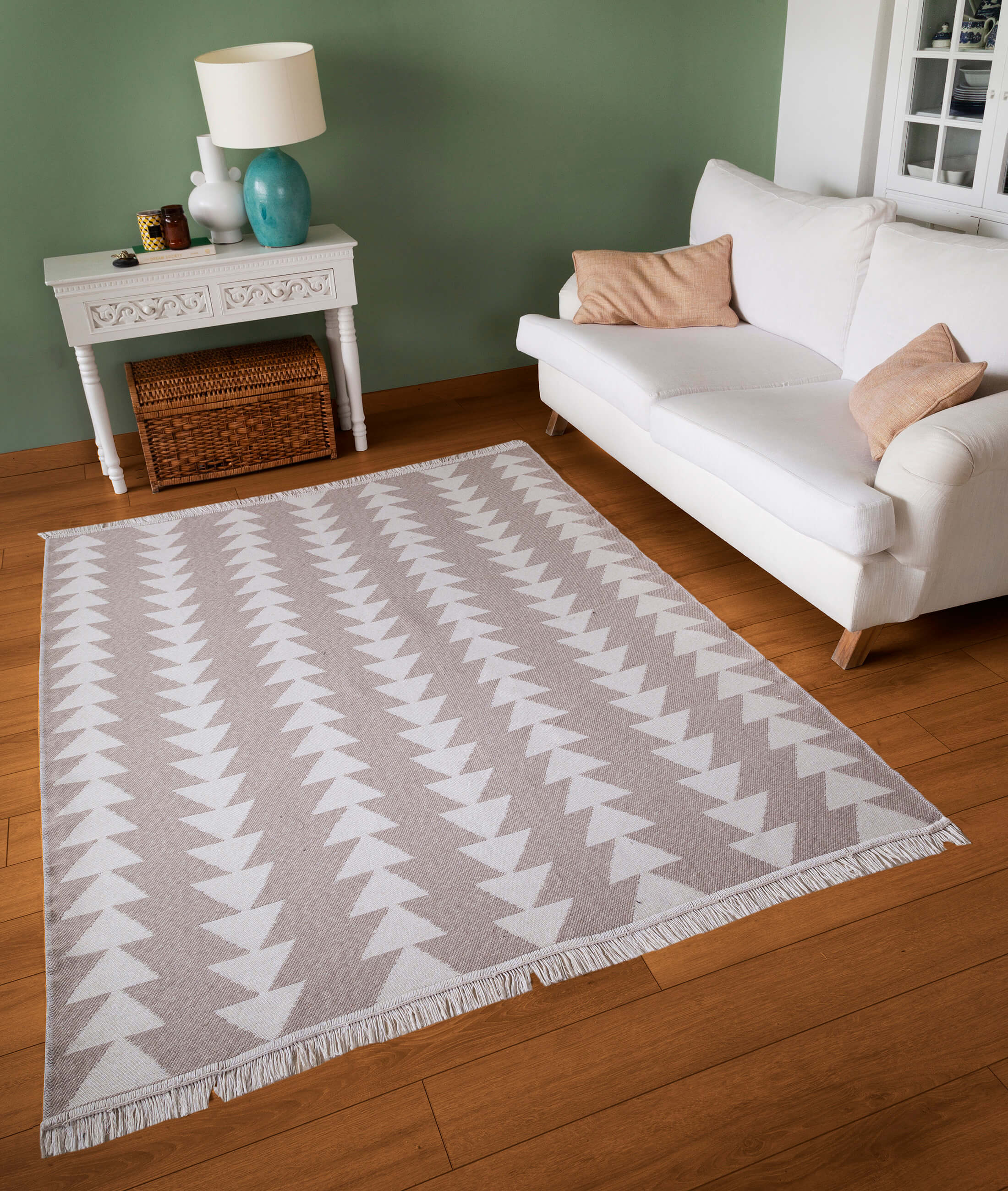 Duo Beyaz Bej Çift Taraflı Yıkanabilir Dokuma Kilim 22994A