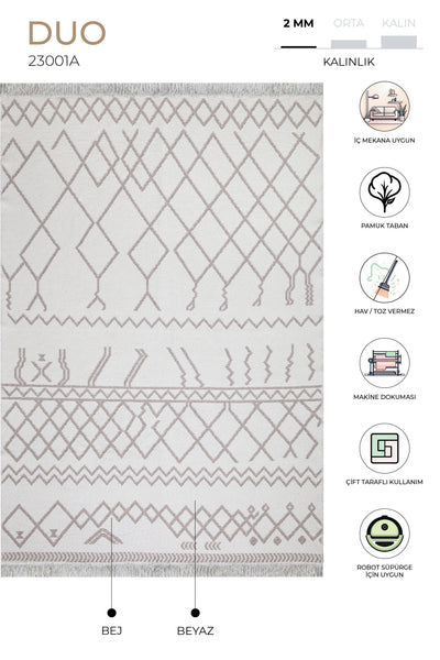 Duo Beyaz Bej Çift Taraflı Yıkanabilir Dokuma Kilim 23001A