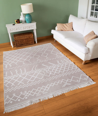 Duo Beyaz Bej Çift Taraflı Yıkanabilir Dokuma Kilim 23001A