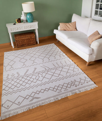 Duo Beyaz Bej Çift Taraflı Yıkanabilir Dokuma Kilim 23001A