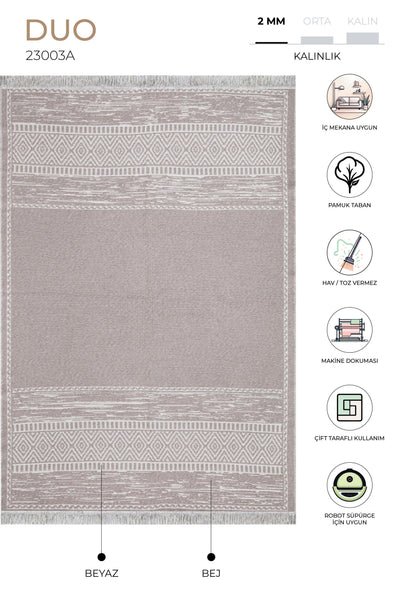 Duo Beyaz Bej Çift Taraflı Yıkanabilir Dokuma Kilim 23003A