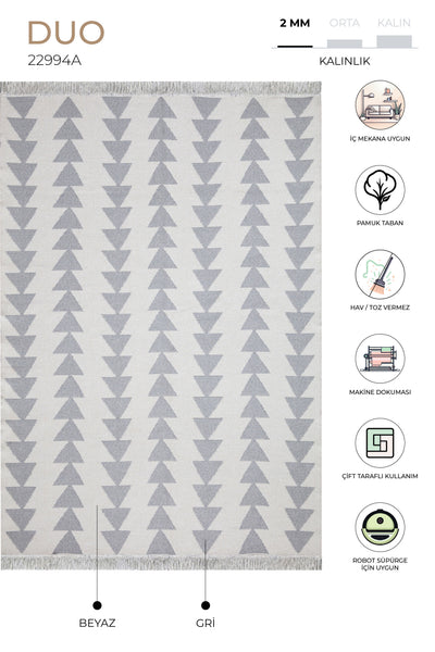 Duo Beyaz Gri Çift Taraflı Yıkanabilir Dokuma Kilim 22994A