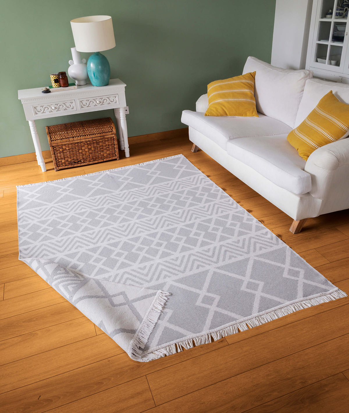 Duo Beyaz Gri Çift Taraflı Yıkanabilir Dokuma Kilim 22995A