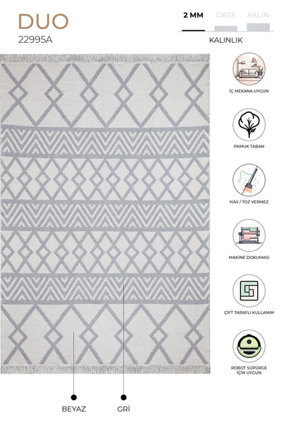 Duo Beyaz Gri Çift Taraflı Yıkanabilir Dokuma Kilim 22995A