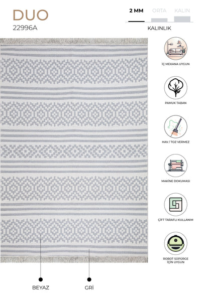 Duo Beyaz Gri Çift Taraflı Yıkanabilir Dokuma Kilim 22996A