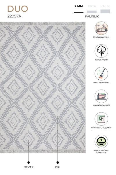 Duo Beyaz Gri Çift Taraflı Yıkanabilir Dokuma Kilim 22997A