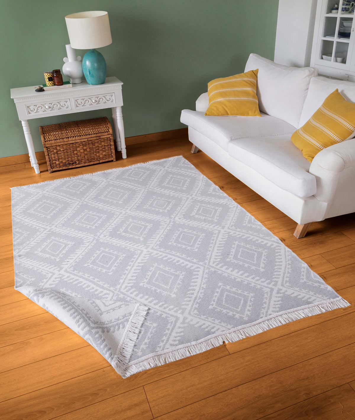 Duo Beyaz Gri Çift Taraflı Yıkanabilir Dokuma Kilim 22997A
