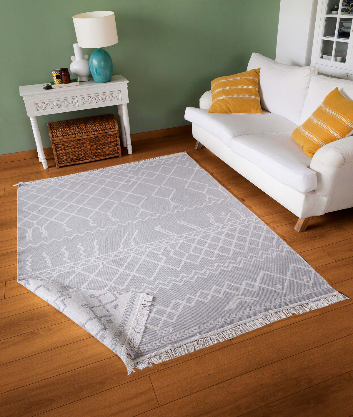 Duo Beyaz Gri Çift Taraflı Yıkanabilir Dokuma Kilim 23001A