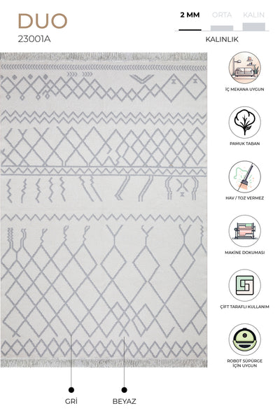 Duo Beyaz Gri Çift Taraflı Yıkanabilir Dokuma Kilim 23001A