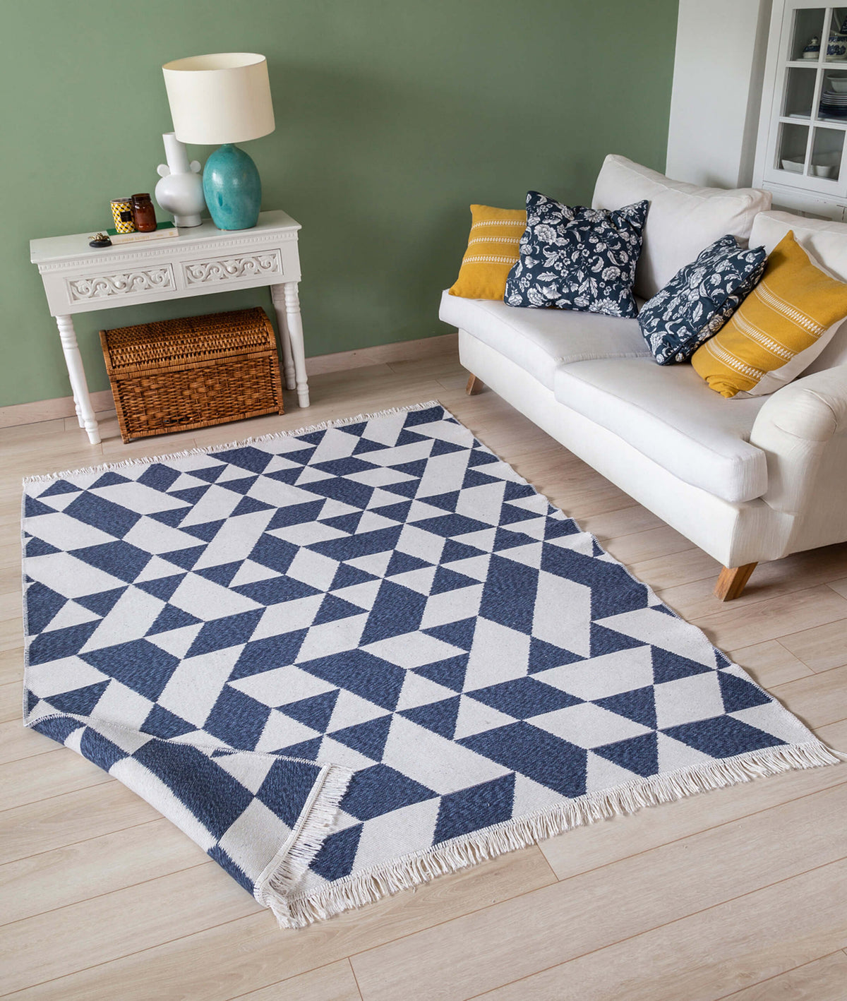 Duo Beyaz Mavi Çift Taraflı Yıkanabilir Dokuma Kilim 22992A