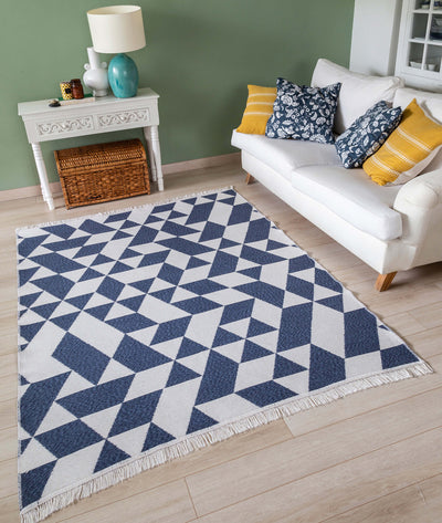 Duo Beyaz Mavi Çift Taraflı Yıkanabilir Dokuma Kilim 22992A