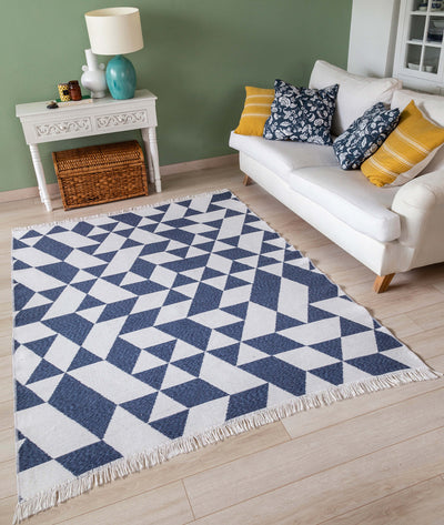 Duo Beyaz Mavi Çift Taraflı Yıkanabilir Dokuma Kilim 22992A