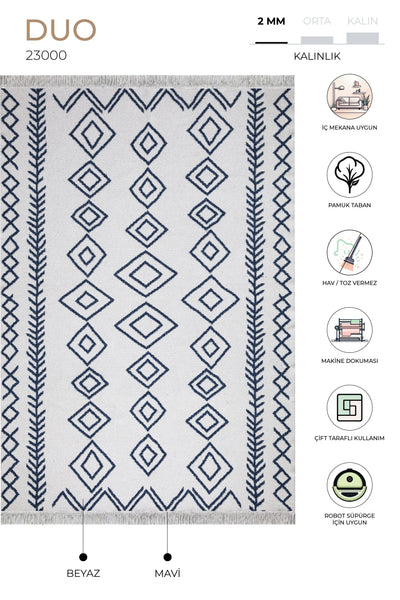 Duo Beyaz Mavi Çift Taraflı Yıkanabilir Dokuma Kilim 23000A
