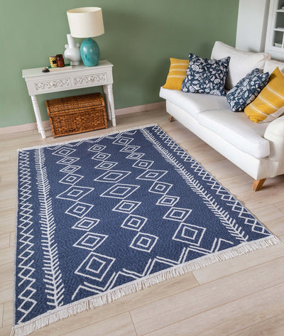 Duo Beyaz Mavi Çift Taraflı Yıkanabilir Dokuma Kilim 23000A