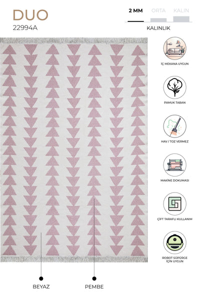Duo Beyaz Pembe Çift Taraflı Yıkanabilir Dokuma Kilim 22994A