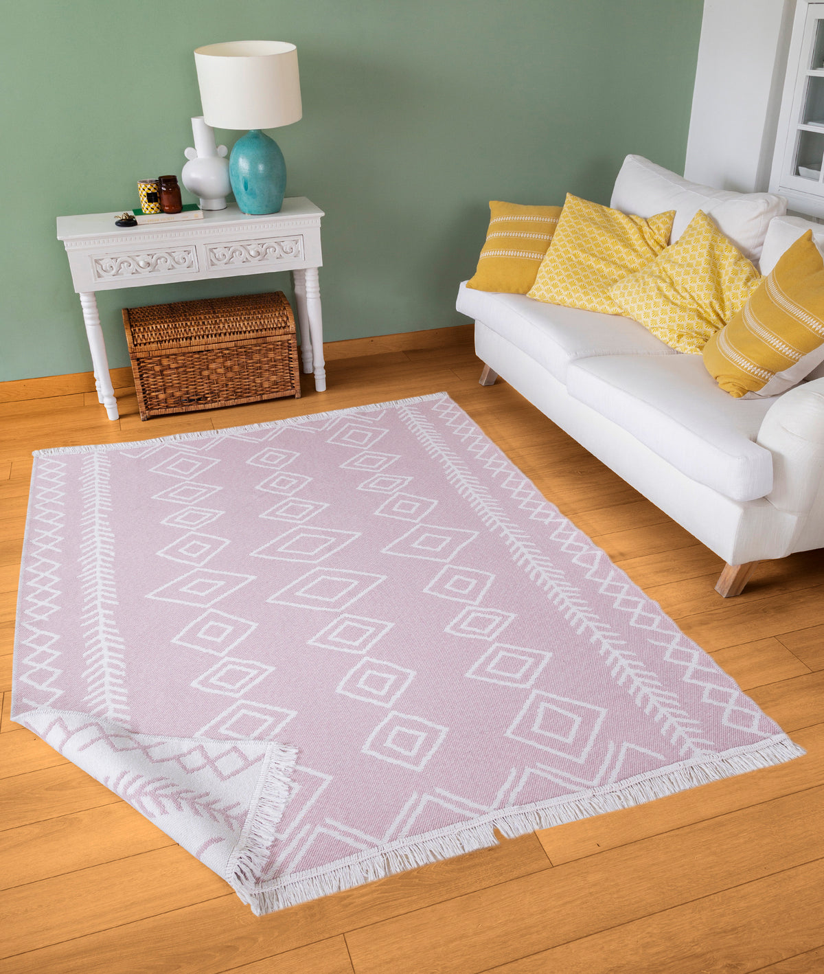 Duo Beyaz Pembe Çift Taraflı Yıkanabilir Dokuma Kilim 23000A