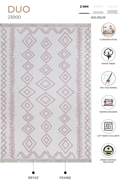 Duo Beyaz Pembe Çift Taraflı Yıkanabilir Dokuma Kilim 23000A