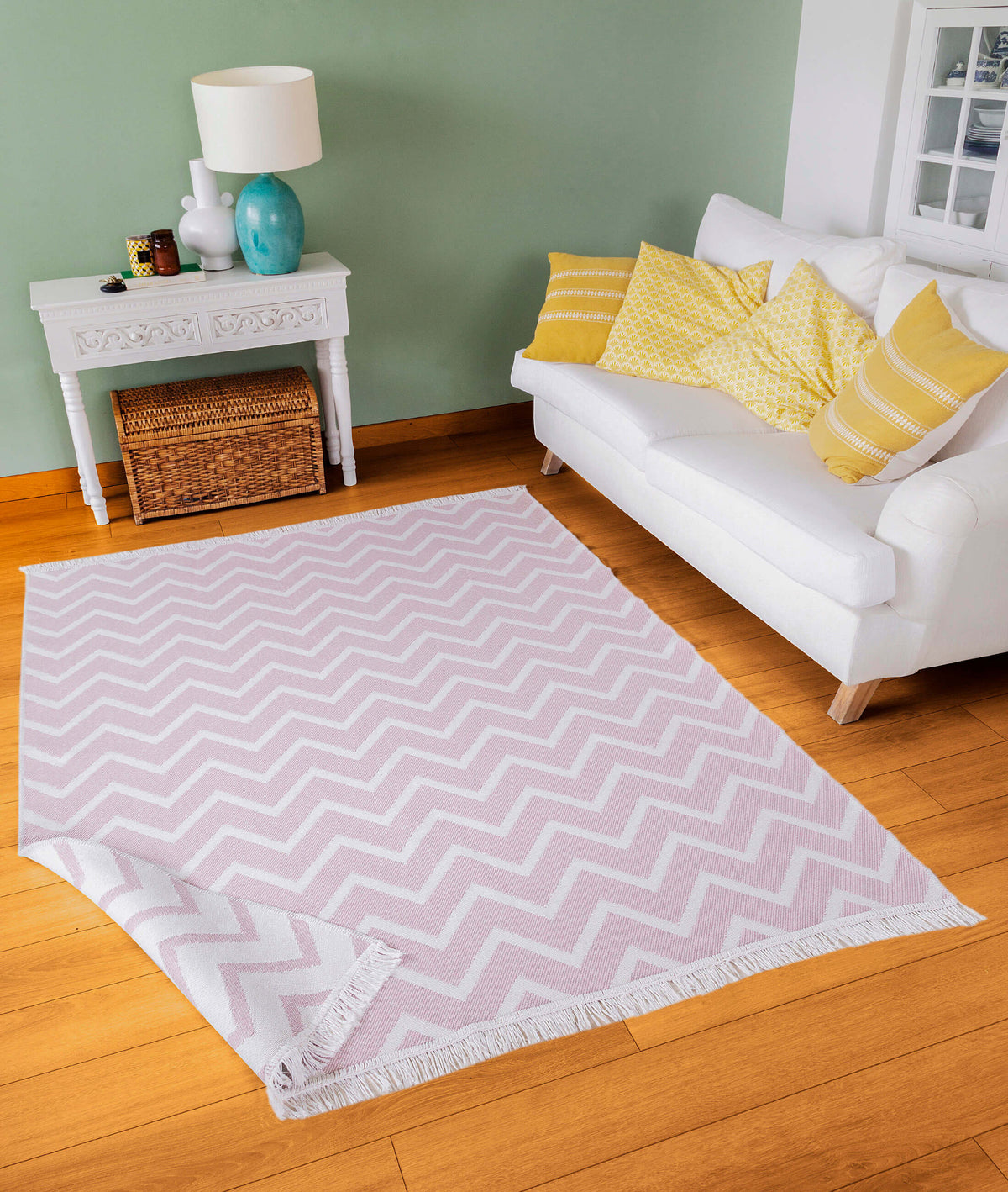 Duo Beyaz Pembe Çift Taraflı Yıkanabilir Dokuma Kilim 23002A