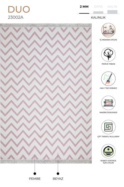 Duo Beyaz Pembe Çift Taraflı Yıkanabilir Dokuma Kilim 23002A