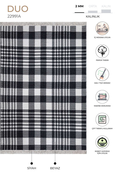 Duo Beyaz Siyah Çift Taraflı Yıkanabilir Dokuma Kilim 22991A