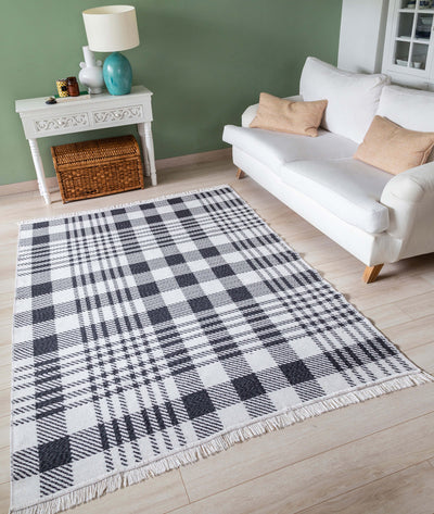 Duo Beyaz Siyah Çift Taraflı Yıkanabilir Dokuma Kilim 22991A