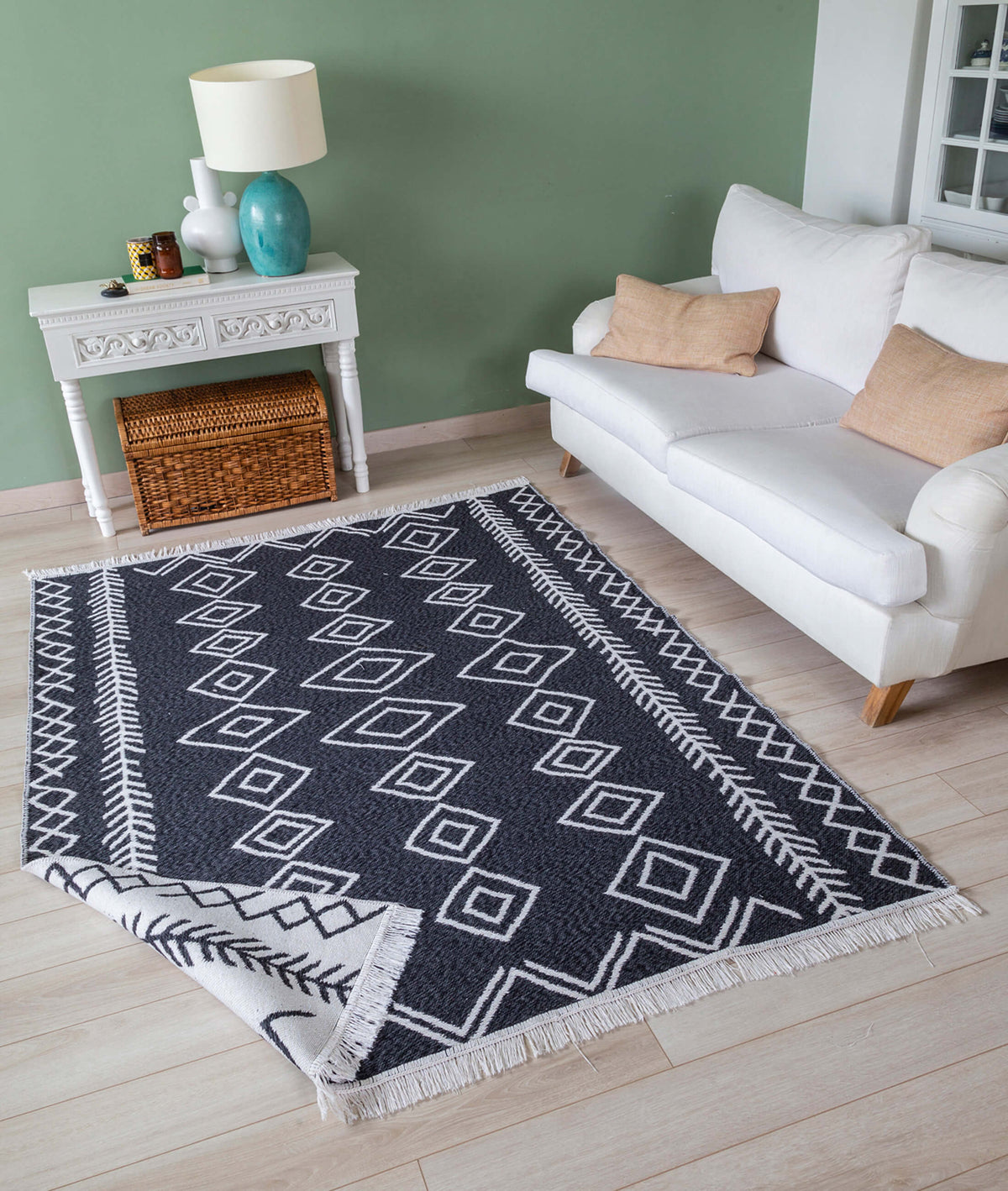 Duo Beyaz Siyah Çift Taraflı Yıkanabilir Dokuma Kilim 23000A
