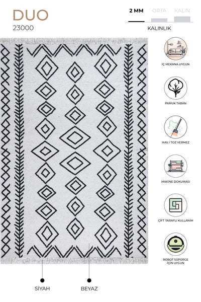 Duo Beyaz Siyah Çift Taraflı Yıkanabilir Dokuma Kilim 23000A