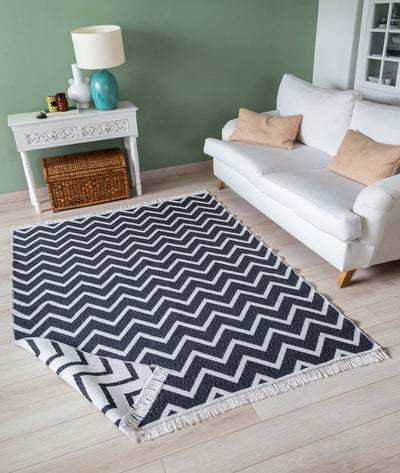 Duo Beyaz Siyah Çift Taraflı Yıkanabilir Dokuma Kilim 23002A