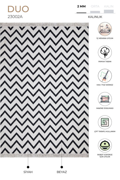 Duo Beyaz Siyah Çift Taraflı Yıkanabilir Dokuma Kilim 23002A