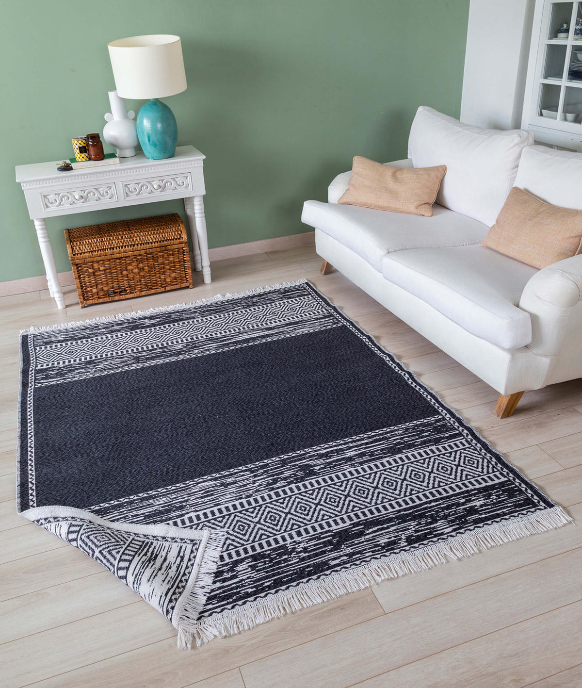 Duo Beyaz Siyah Çift Taraflı Yıkanabilir Dokuma Kilim 23003A