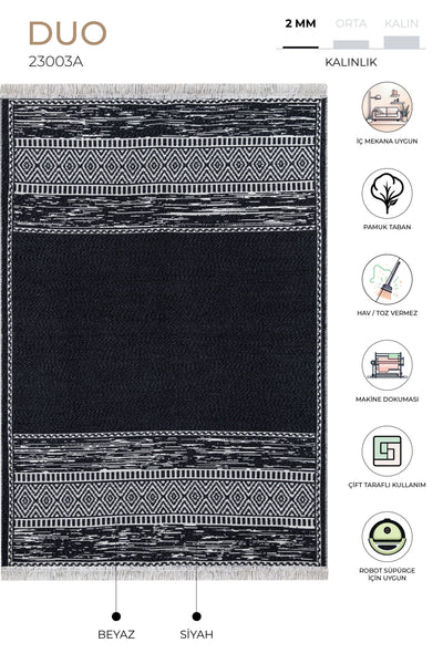 Duo Beyaz Siyah Çift Taraflı Yıkanabilir Dokuma Kilim 23003A